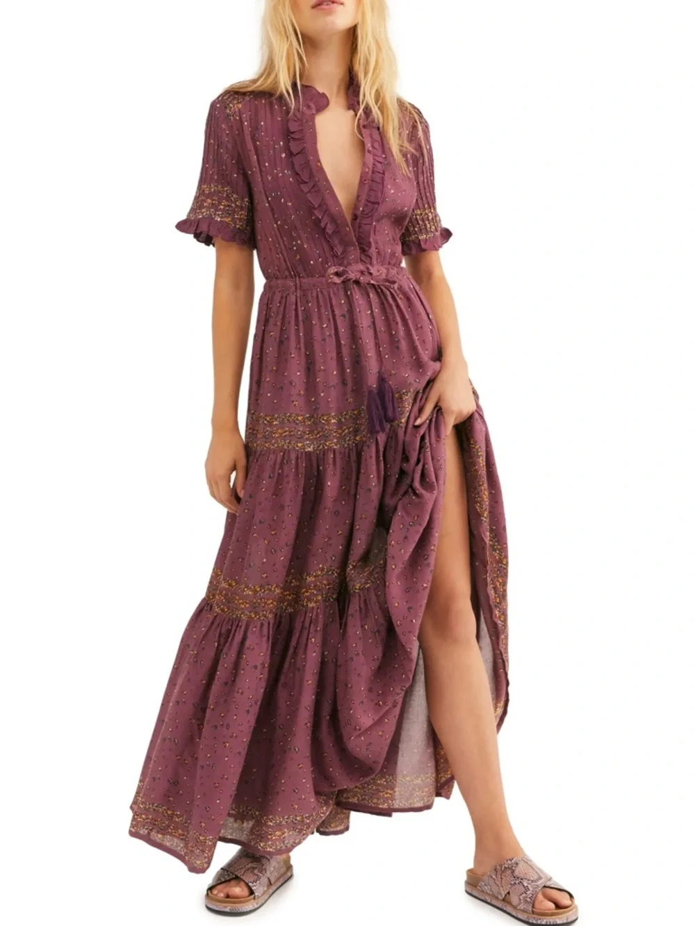 Free People Rare Feelings Mauve Floral Print Boho Maxi Dress
